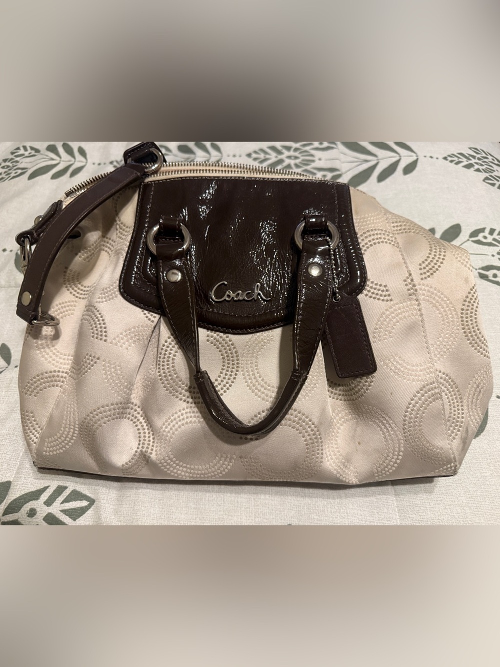 Coach Beige Canvas Satchel with Dark Brown Patent Trim